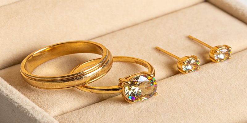 You can pick a gold-plated ring with artificial gems like cubic zirconia or moissanite.