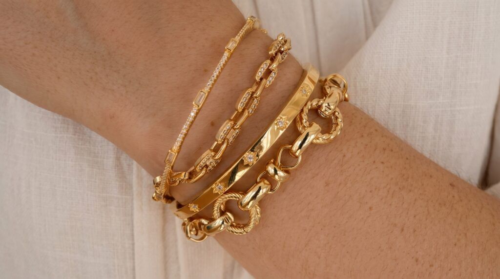 Solid gold bangles are widely used in both minimal and bold jewelry trends.