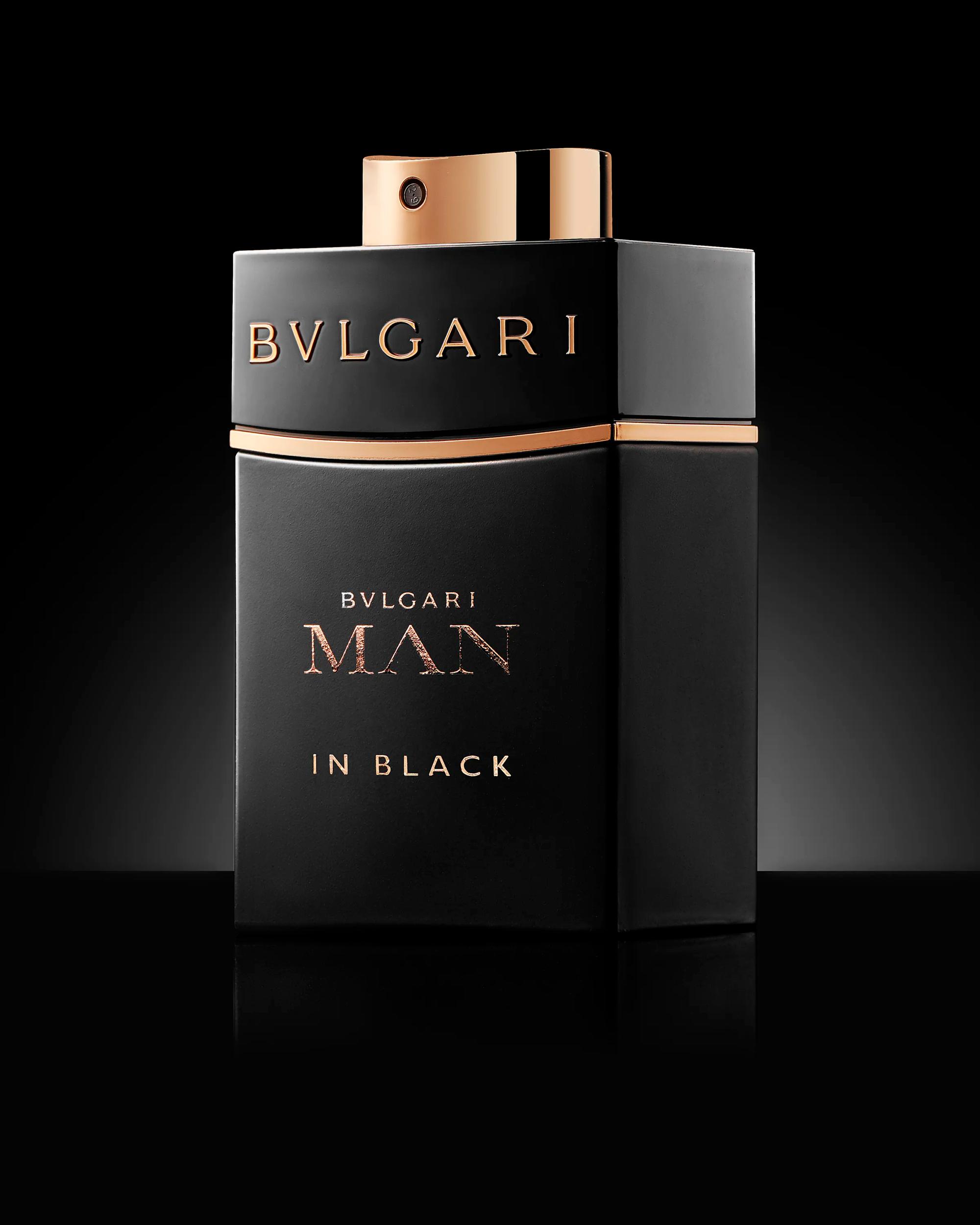 Bvlgari Man in Black fragrance bottle against dark backdrop, fragrance photography London