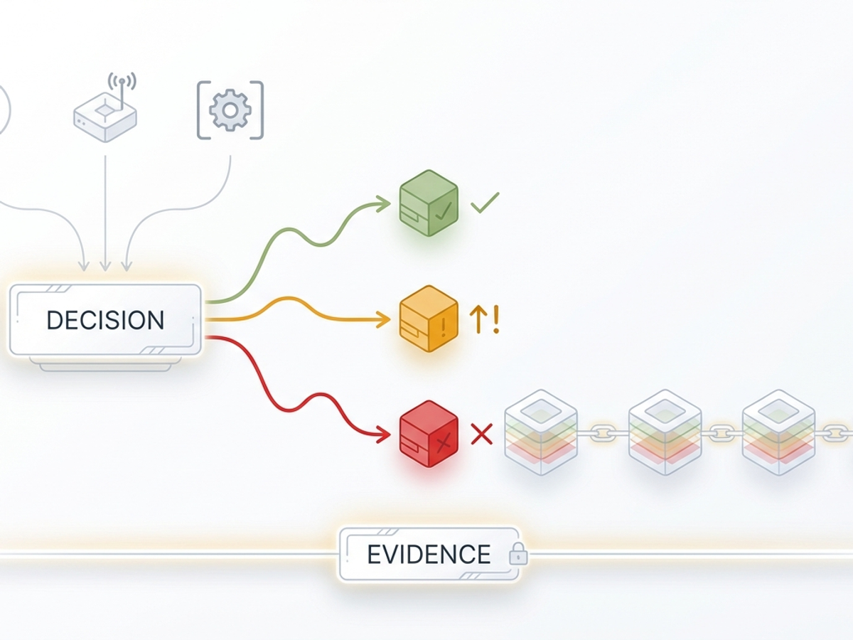 Diagram-style illustration showing AI tool-call decisions (allow, step-up, block) feeding a tamper-evident security evidence timeline