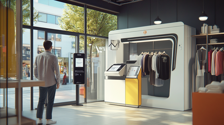 A modern dry cleaning shop where an AI assistant manages customer pickups and deliveries on a touchscreen. A delivery driver receives route instructions, while a customer gets an SMS notification.