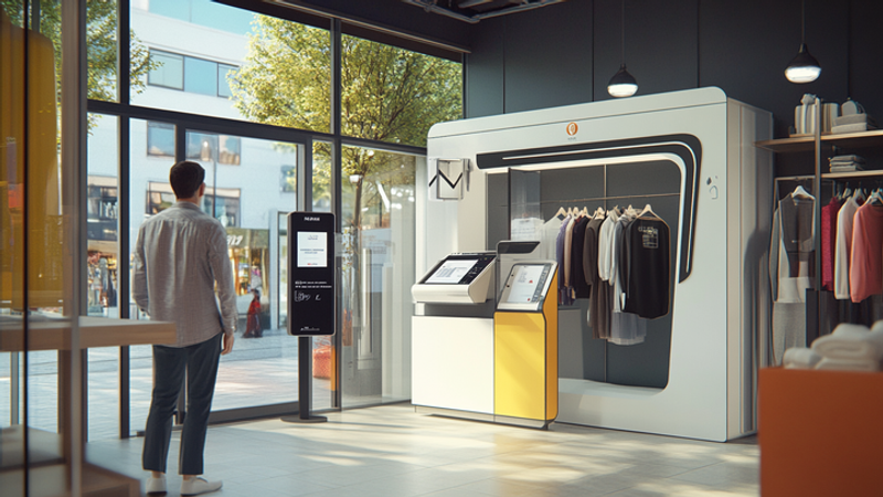 A modern dry cleaning shop where an AI assistant manages customer pickups and deliveries on a touchscreen. A delivery driver receives route instructions, while a customer gets an SMS notification.