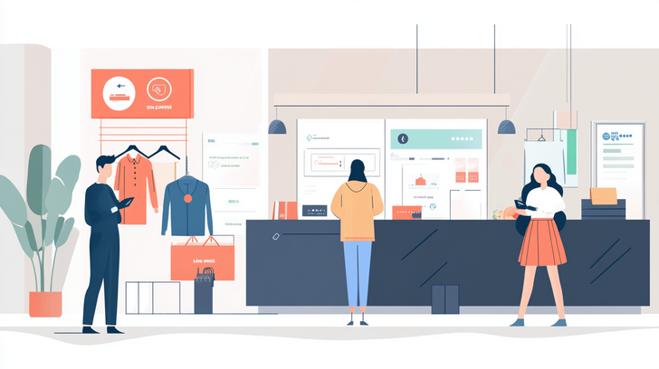 A modern dry cleaning shop where an AI dashboard tracks garment status, customer notifications, and pickup schedules. Customers receive SMS updates on their phones.