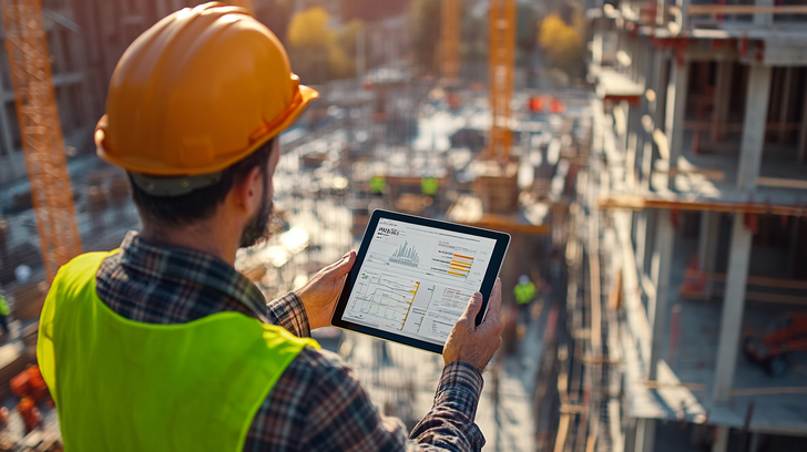 A construction site where a general contractor reviews an AI-powered project dashboard on a tablet, showing schedules, estimates, and task progress.