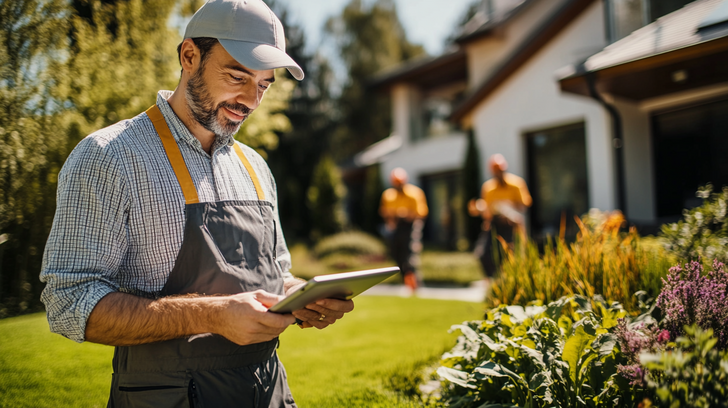 A landscaping business owner reviewing an AI-powered route and scheduling dashboard on a tablet while a crew maintains a lawn in the background.