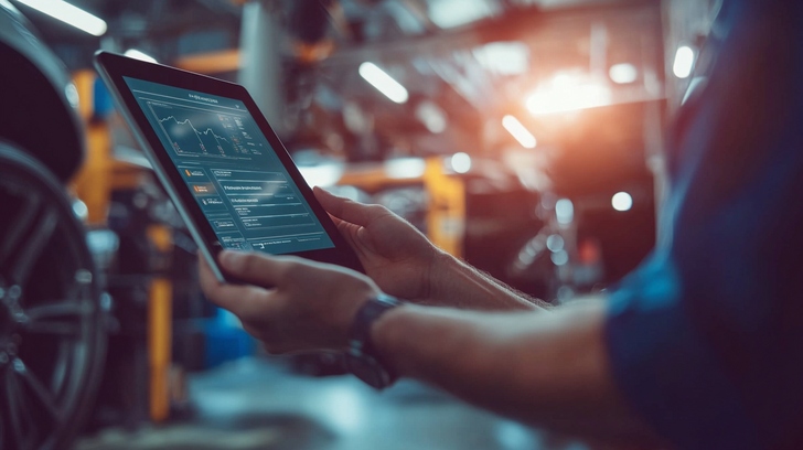 An auto repair shop where a mechanic reviews an AI-powered diagnostic and scheduling dashboard on a tablet while a customer receives a service update on their phone