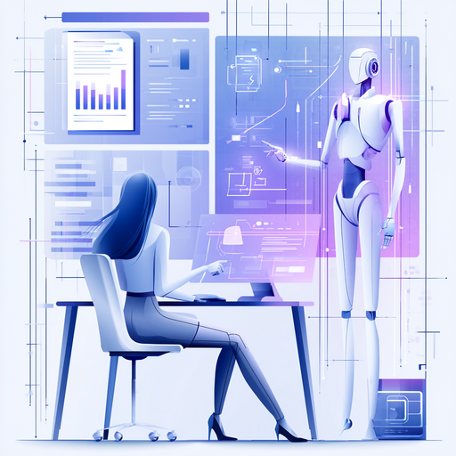 business owner working at a desk alongside a digital AI assistant helping analyze documents, workflows, and reports in real time.