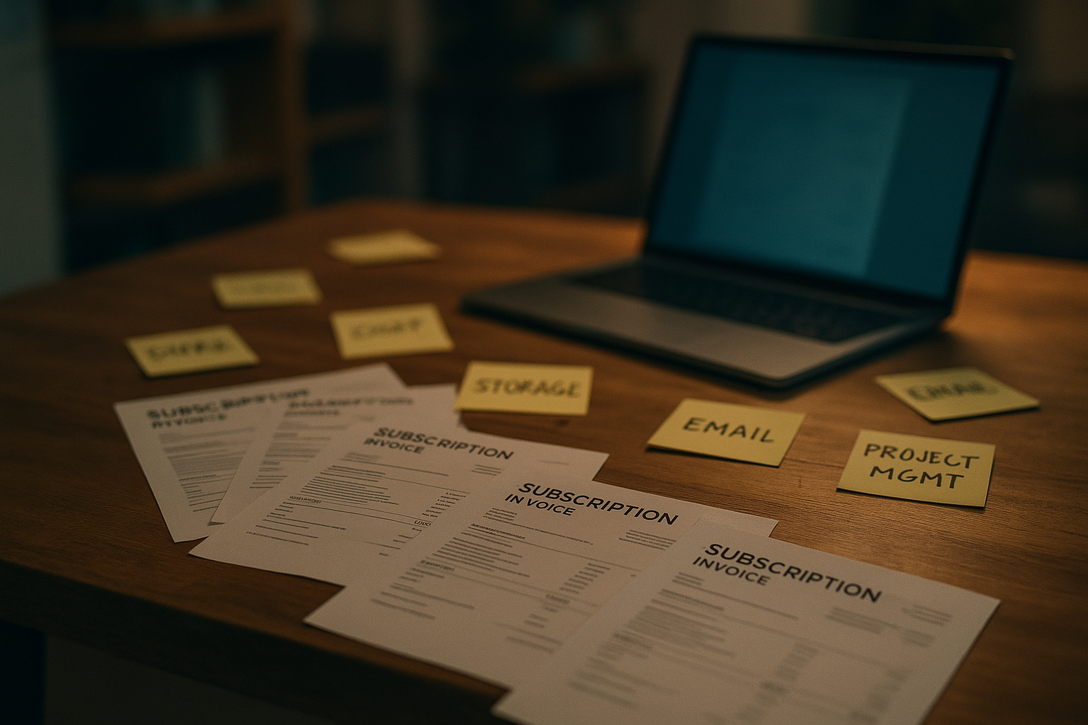A local business owner reviewing a stack of software subscriptions and tools to figure out which ones are actually paying off.
