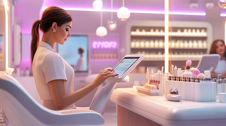 A modern nail salon where a nail technician works with a client while an AI assistant manages appointments and reminders on a tablet. Customers receive SMS confirmations on their phones.