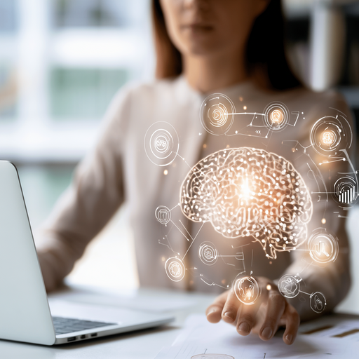 A business owner working with a digital AI assistant that visually represents a “second brain”—organizing ideas, planning workflows, and structuring tasks in real time.