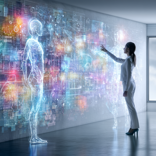 A business professional collaborating with an AI assistant on a large screen, brainstorming ideas, analyzing data, and refining plans together. Human and AI working side-by-side in a modern office, realistic style