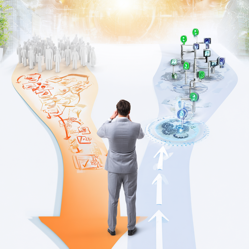 A business owner comparing two paths: hiring more staff versus implementing AI automation systems. One side shows growing payroll and complexity, the other shows streamlined workflows powered by AI.