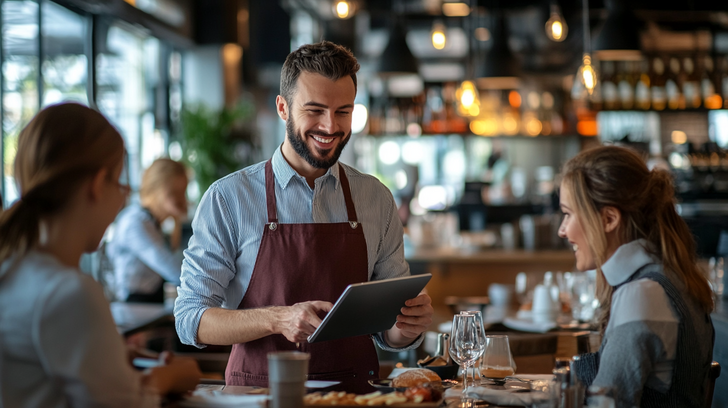 A busy restaurant scene where an AI assistant on a tablet helps manage reservations, orders, and feedback while staff serve happy customers
