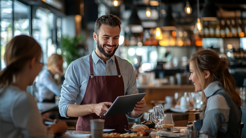 A busy restaurant scene where an AI assistant on a tablet helps manage reservations, orders, and feedback while staff serve happy customers