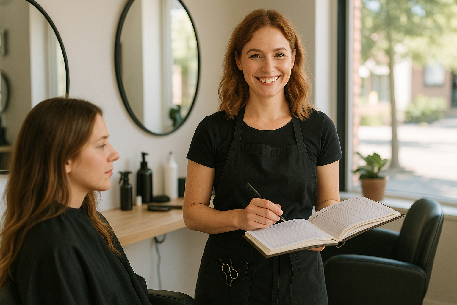 A salon stylist smiling while checking a full, well-organized appointment book at her station during the day.