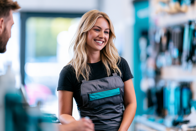 A local service business owner at the front counter smiling while talking with a customer during the day.