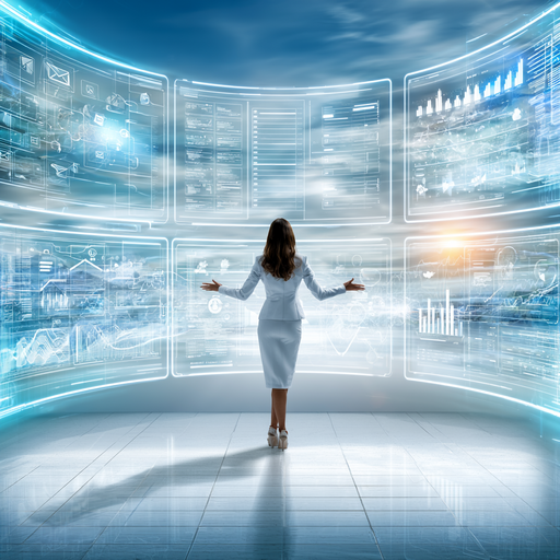 A business owner overseeing multiple AI agents working across screens—handling emails, scheduling, data analysis, and workflows automatically.