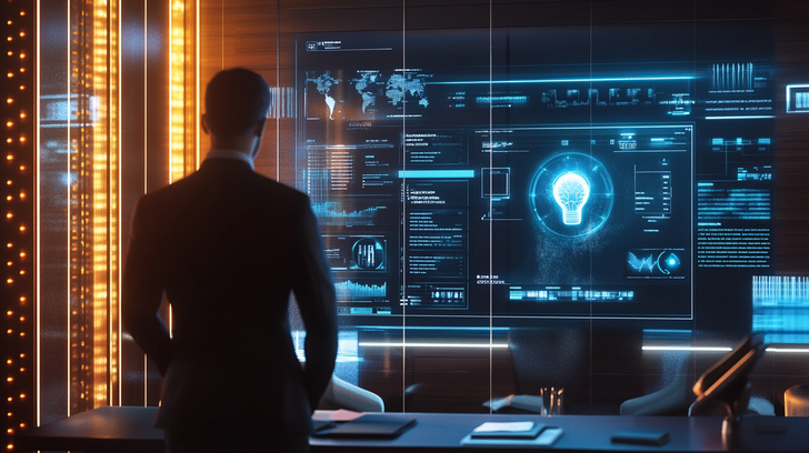 A modern law office where an attorney reviews a digital screen showing an AI assistant managing client messages, scheduling consultations, and organizing files