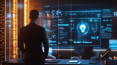 A modern law office where an attorney reviews a digital screen showing an AI assistant managing client messages, scheduling consultations, and organizing files