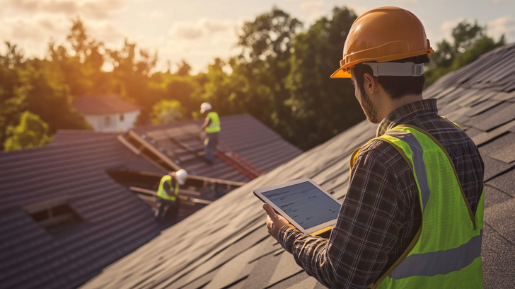 A roofing contractor reviewing an AI-powered estimate and follow-up dashboard on a tablet while a crew works on a roof in the background. Customers receive automated updates on their phones.