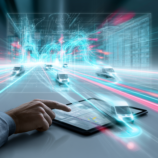 A service business owner viewing an AI-powered dispatch dashboard with optimized routes, scheduled jobs, and real-time technician tracking on a tablet.