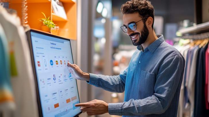 A cheerful dry cleaning store owner reviewing an AI-powered customer loyalty dashboard that shows repeat visits, rewards, and personalized offers.