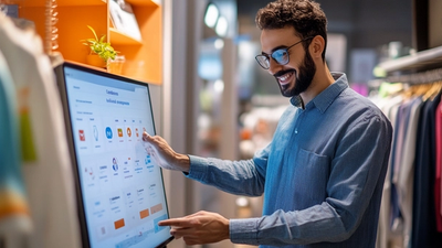 A cheerful dry cleaning store owner reviewing an AI-powered customer loyalty dashboard that shows repeat visits, rewards, and personalized offers.