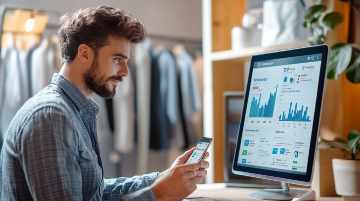 A dry cleaning owner reviewing an AI dashboard showing automated pickup reminders and customer engagement metrics. Customers receive reminder texts on their phones.