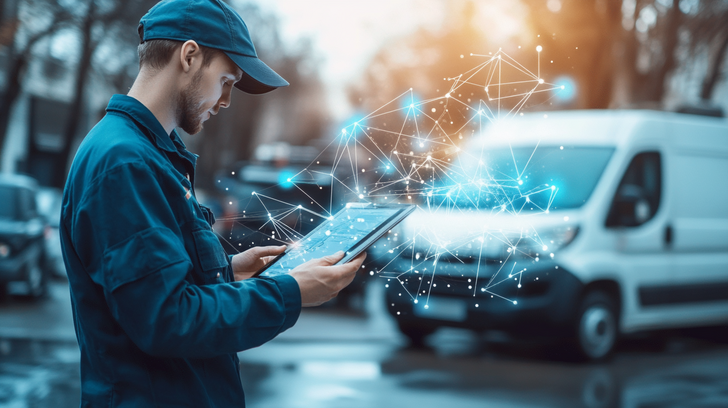 A home service professional (HVAC, plumber, or electrician) checking an AI-powered dispatch dashboard on a tablet while service vans are routed efficiently on a digital map.