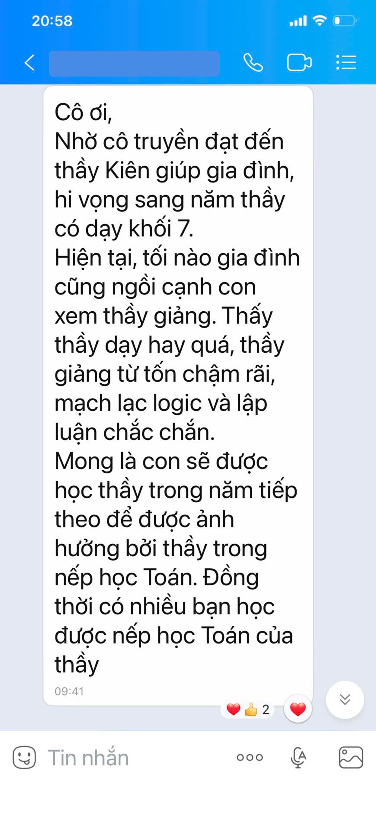 Phản hồi phụ huynh (đã che thông tin)