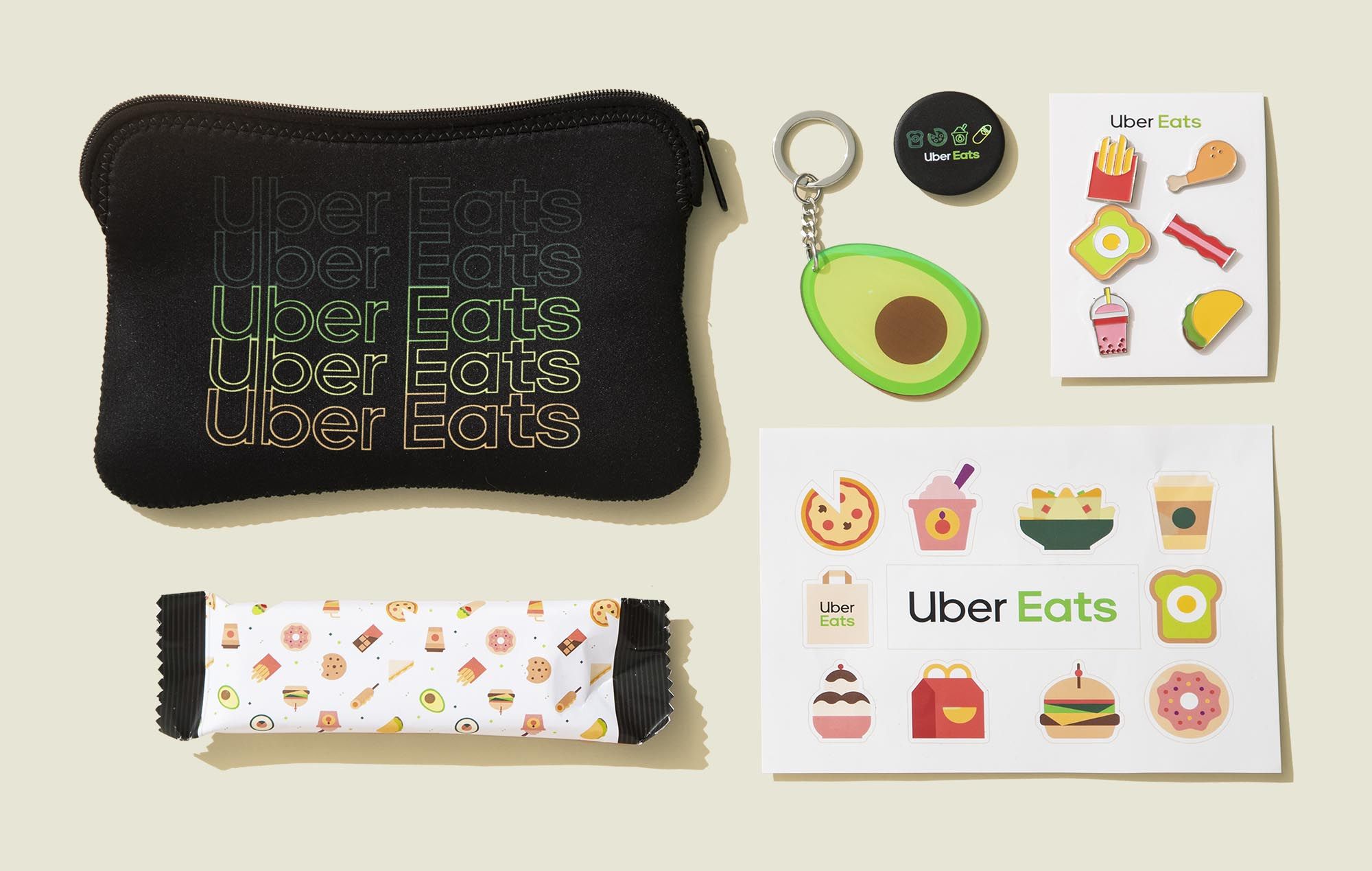 Flat zip pouch with stickers, keychain, pop socket and candy bar 