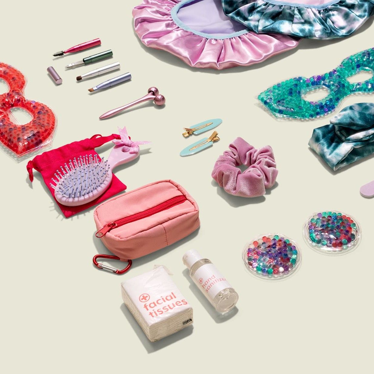 Collection of pouches, hair accessories and beauty products 
