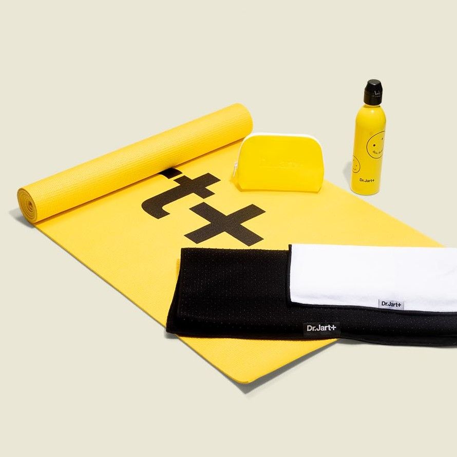 Yoga mat with water bottle, zip pouch and towels 