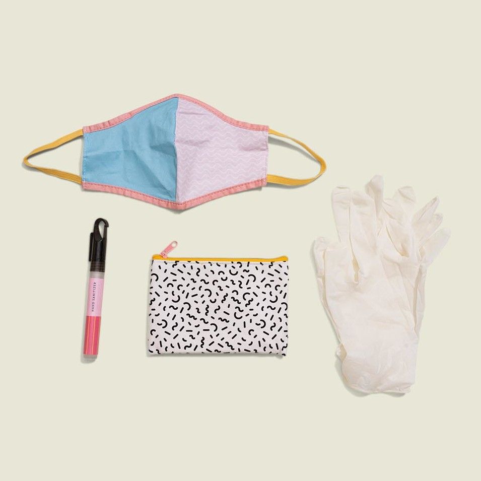 Face mask with gloves, flat zip pouch and hand sanitizer 