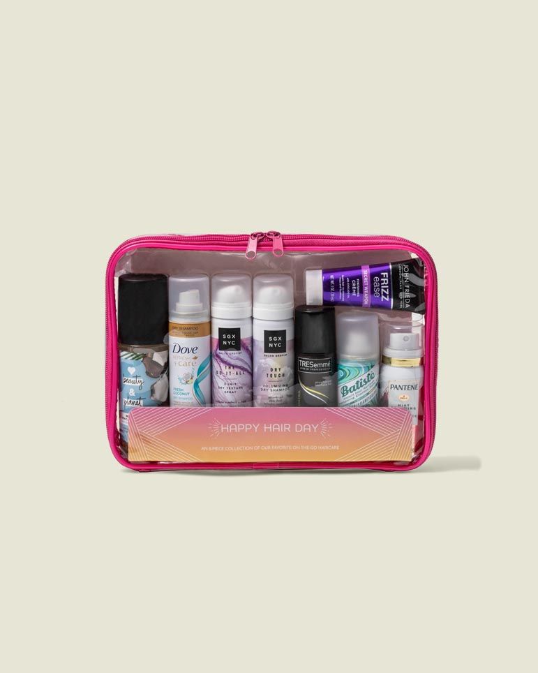 Clear standing zip pouch with beauty tools 