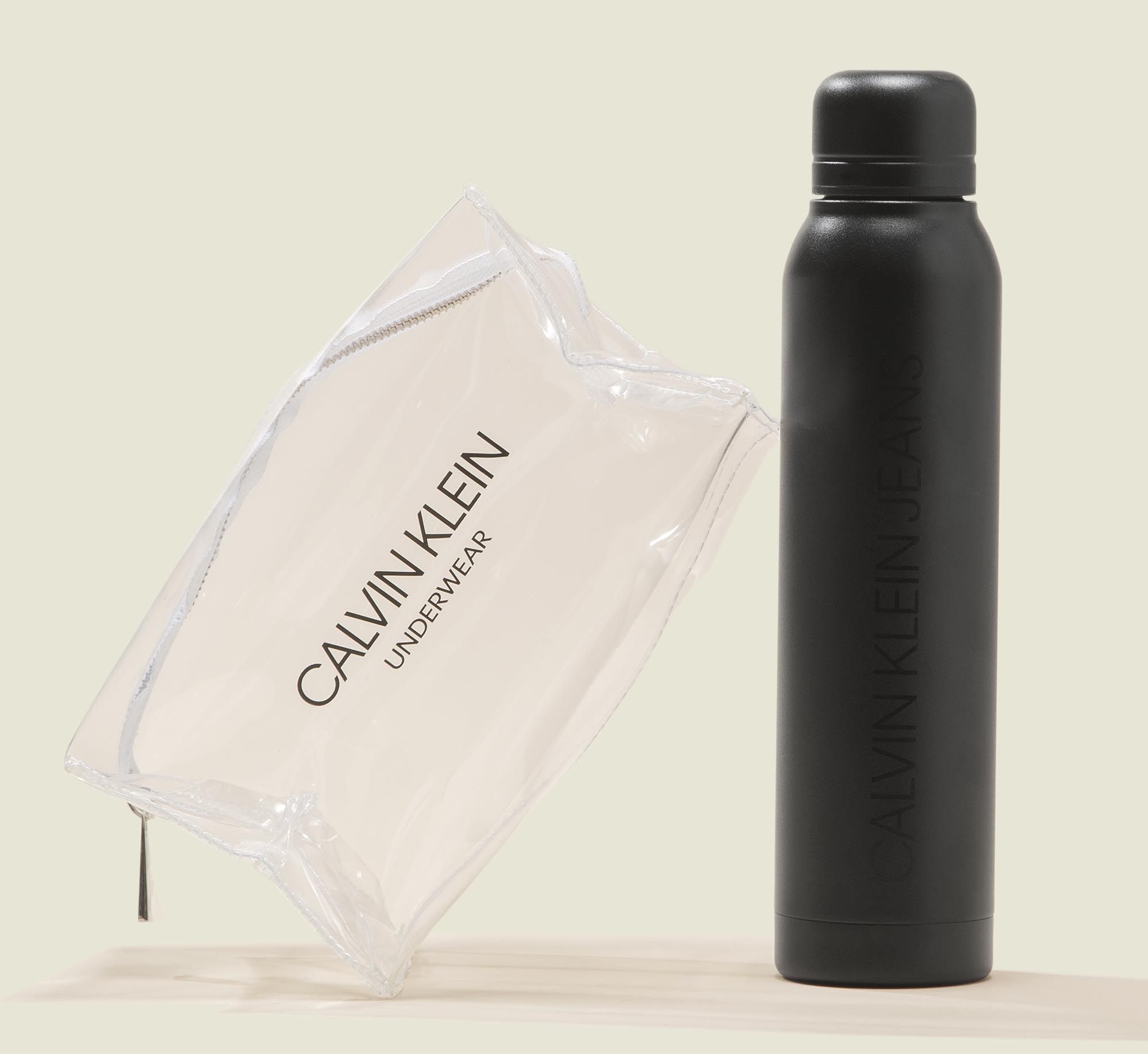 Clear zip bag with water bottle 