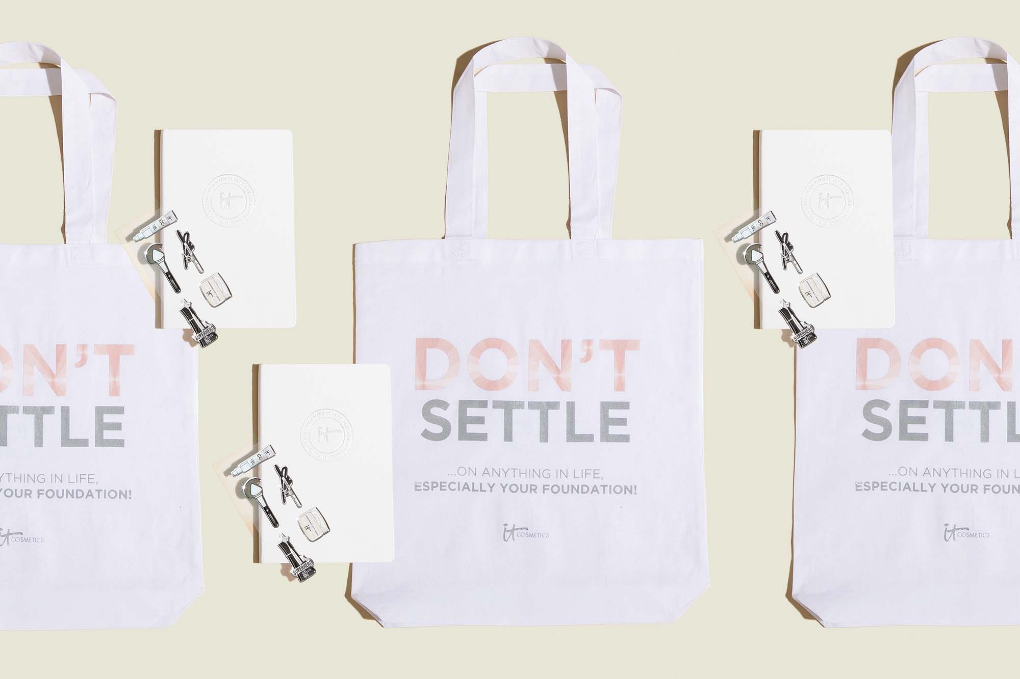 Tote bags with white journal and stickers 
