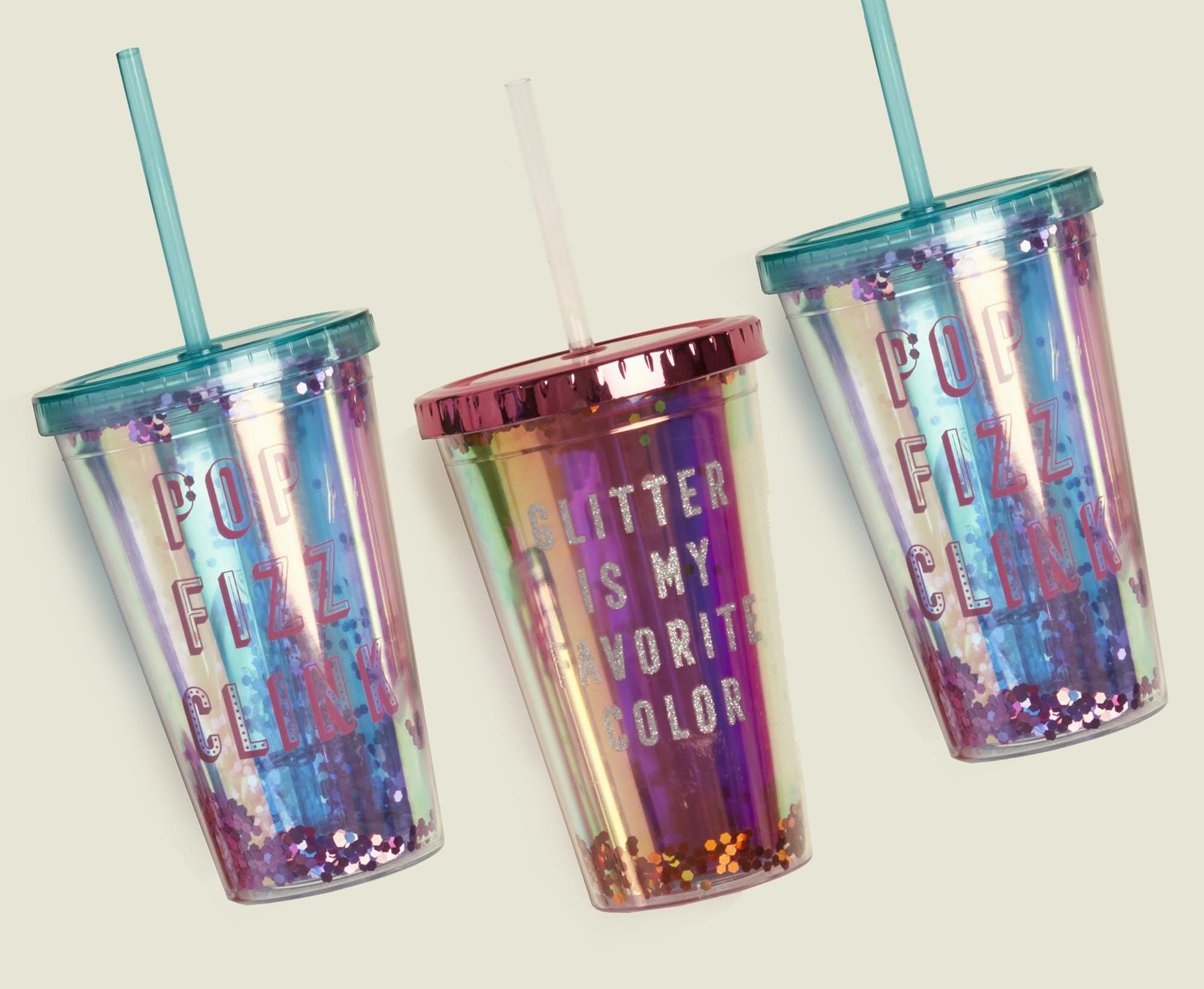 Set of glitter cups with straws 