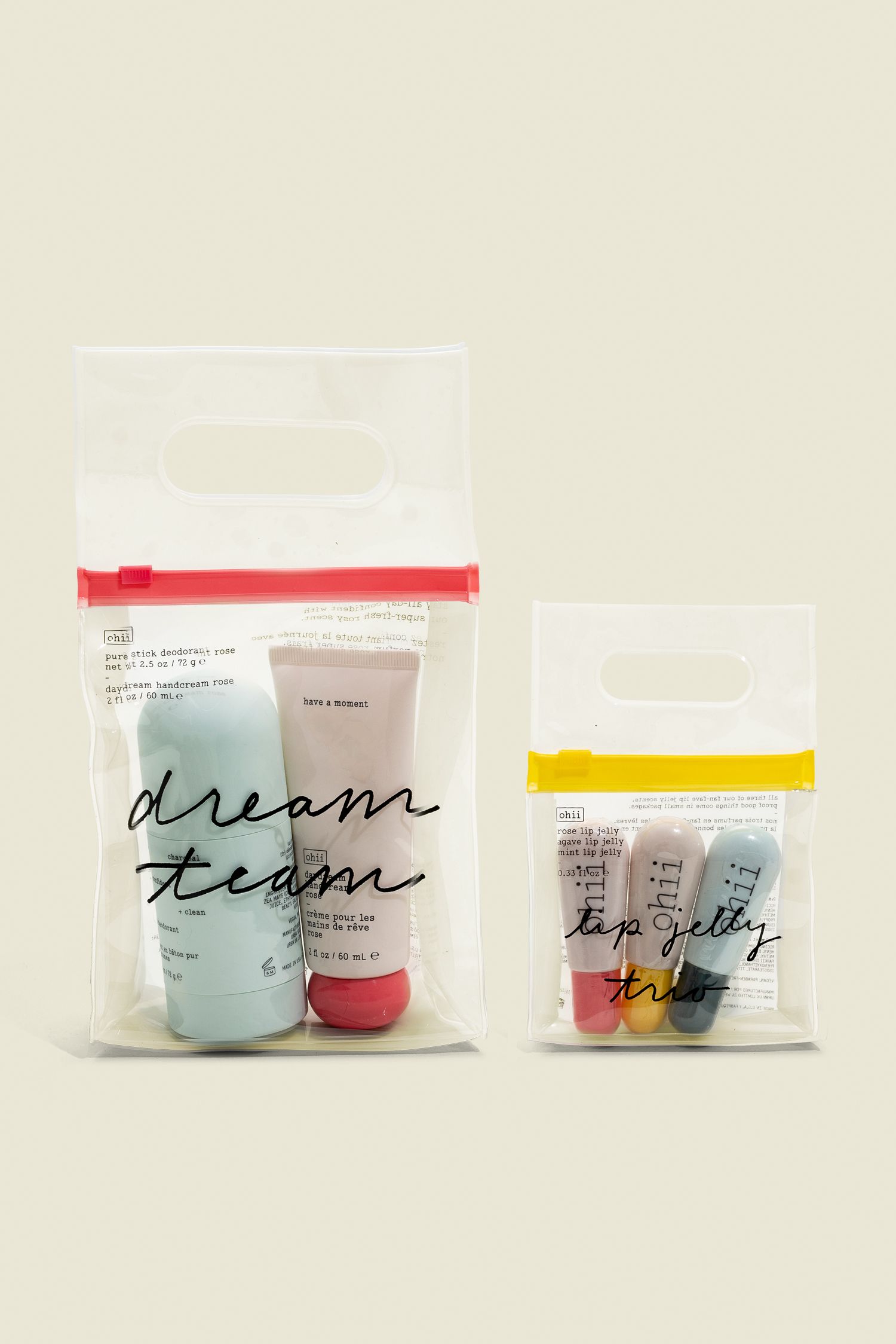 Beauty products packaged in ziplock bag 