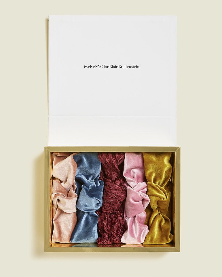 Custom hinged box with scrunchies 