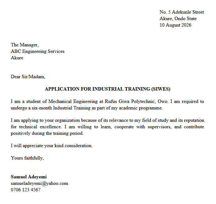 How To Write an Industrial Training (SIWES) Application Letter in Nigeria (2026 Guide + Samples)