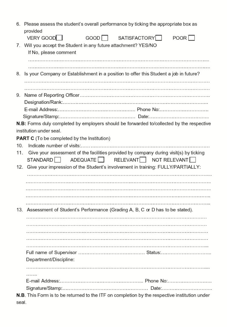 ITF Form 8 Page 2: Employer Assessment (Part B) and Institution Endorsement (Part C)
