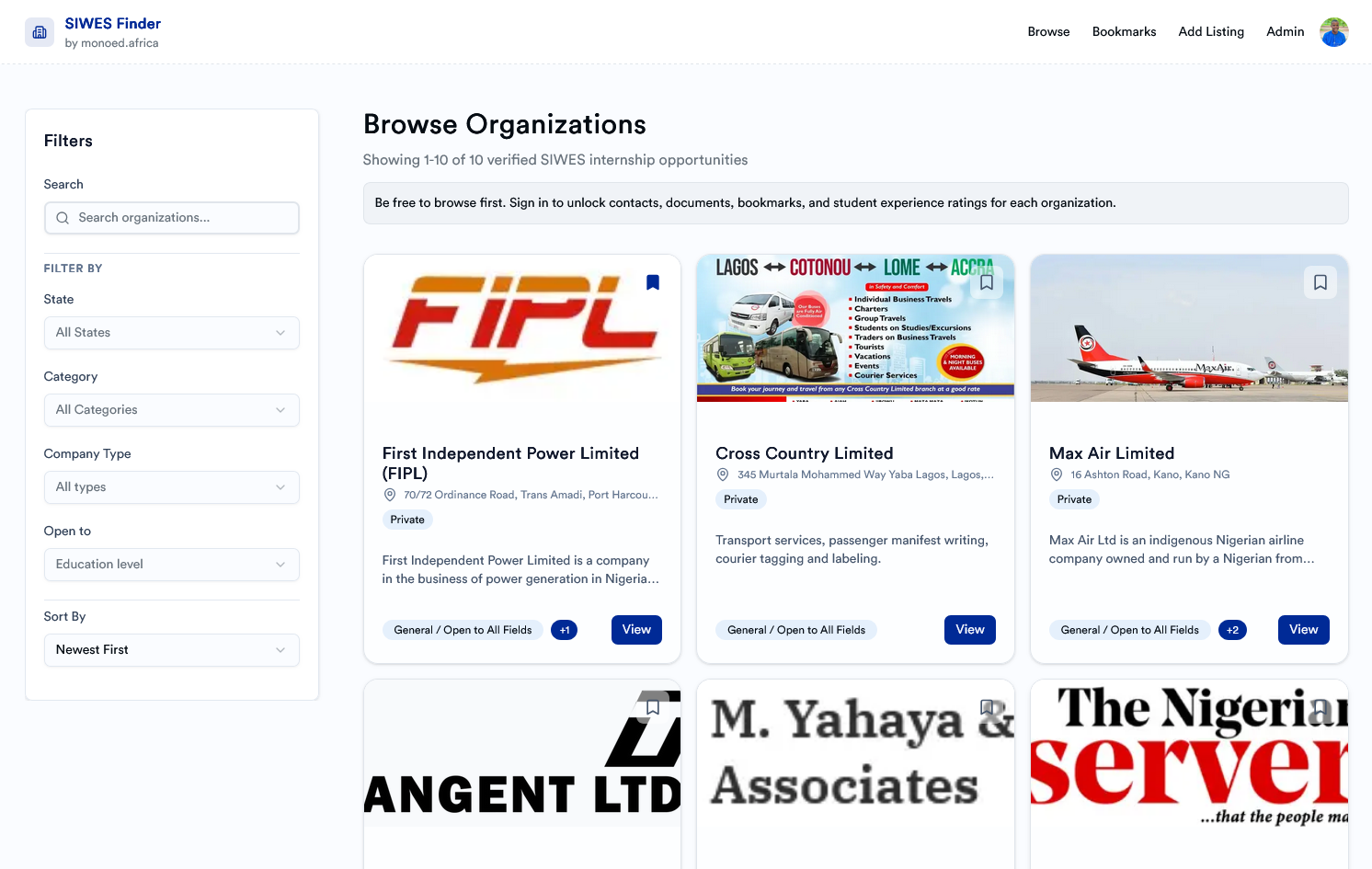 Filter section and organizations listings