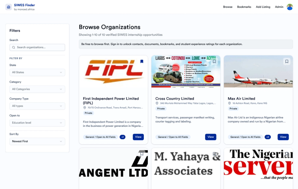 Filter section and organizations listings