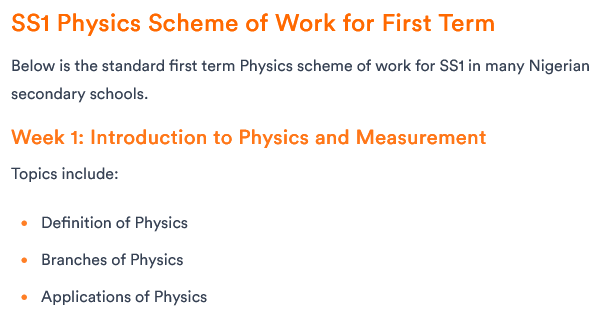 SS1 Physics Scheme of Work for First, Second and Third Term in Nigeria