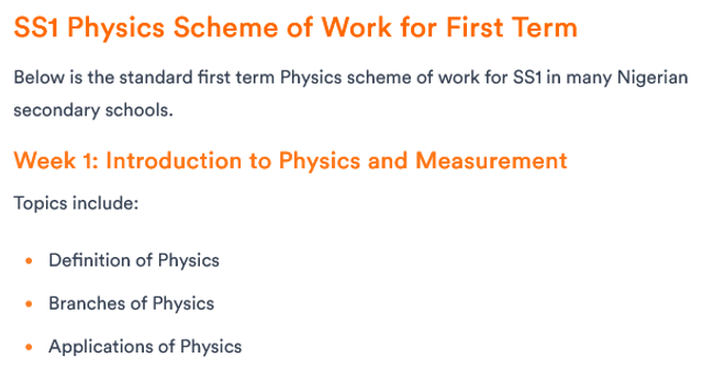 SS1 Physics Scheme of Work for First, Second and Third Term in Nigeria