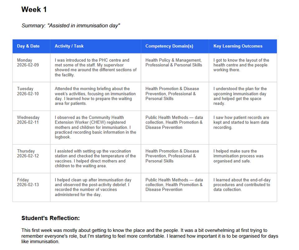 Sample image of PHC week one filled logbook