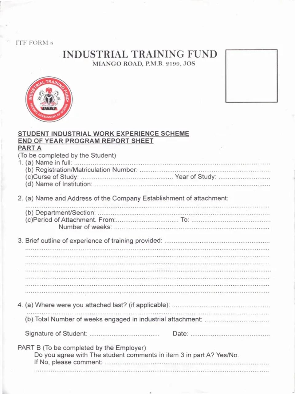 ITF Form 8 Page 1: Filling Part A (Student Details) and Part B (Employer Confirmation)