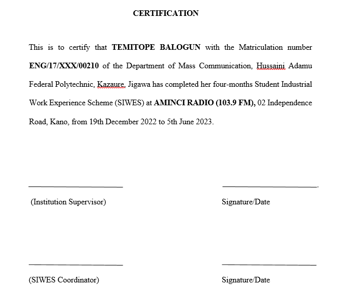 How to Write Certification for SIWES Report (With Example)