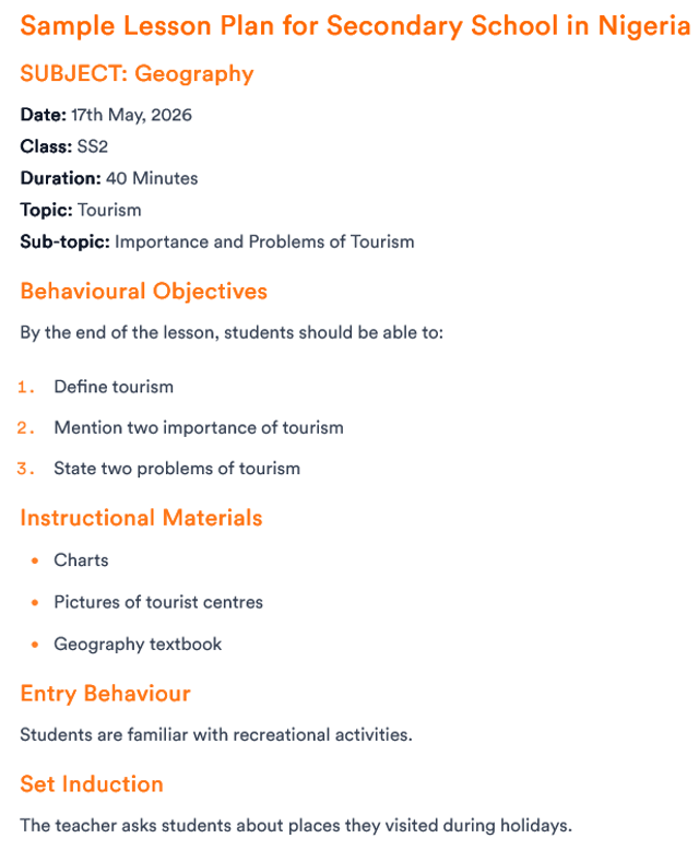 Lesson Plan Format for Secondary School in Nigeria With Sample and Explanation